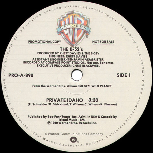 The B-52's : Private Idaho (12", Promo)