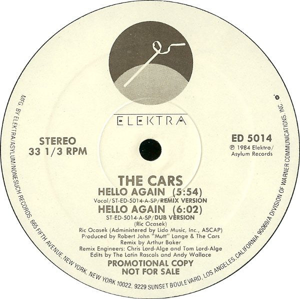 The Cars : Hello Again (12", Promo)