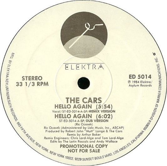 The Cars : Hello Again (12", Promo)