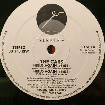 The Cars : Hello Again (12", Promo)