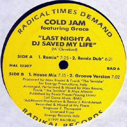 Cold Jam* Featuring Grace (4) : Last Night A DJ Saved My Life (12")