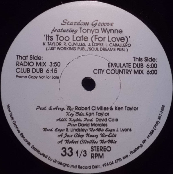 Stardom Groove Featuring Tonya Wynne : It's Too Late (For Love) (12", Promo)