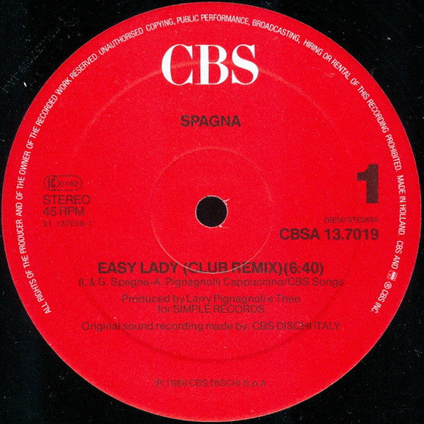 Spagna* : Easy Lady (Club Remix) (12", Maxi)