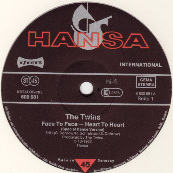 The Twins : Face To Face - Heart To Heart (12", Single)