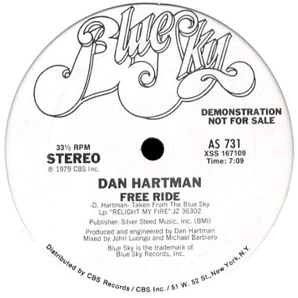 Dan Hartman : Free Ride / Vertigo / Relight My Fire (Progressive Instrumental Remix) (12", Promo)